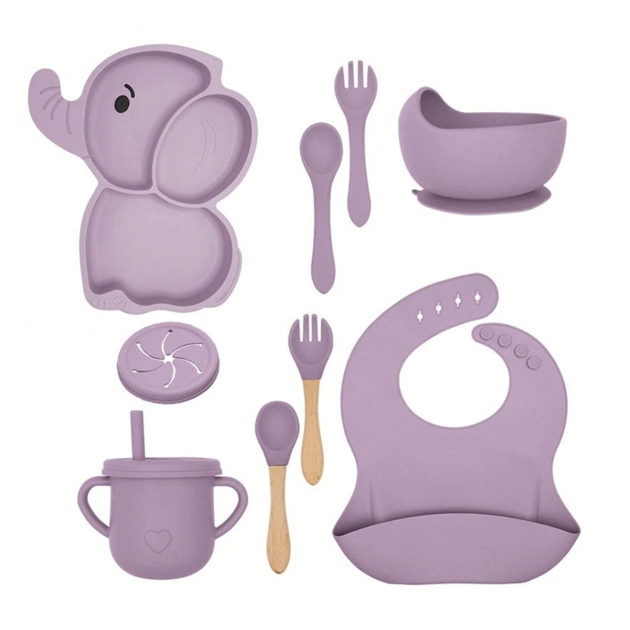 Set 10 Piese Servire Masa, pentru Bebelusi si Copii, din Silicon/Lemn, cu Ventuze Anti-alunecare, fara Alergeni. +6 Luni, Model Elefant, Mov