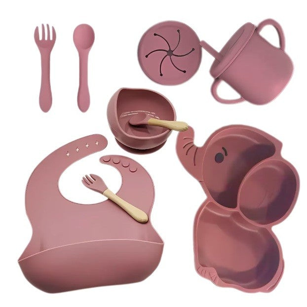 Set 10 Piese Servire Masa, pentru Bebelusi si Copii, din Silicon/Lemn, cu Ventuze Anti-alunecare, fara Alergeni. +6 Luni, Model Elefant, Maro