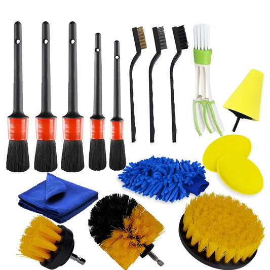 Set 17 Accesorii pentru Curatare Auto, Interior si Exterior, 4 Capete pentru Bormasina, 5 Pensule, 3 Perii, 1 Laveta, 1 Manusa, 1 Perie Tripla Grilaj, 2 Bureti, Multicolor