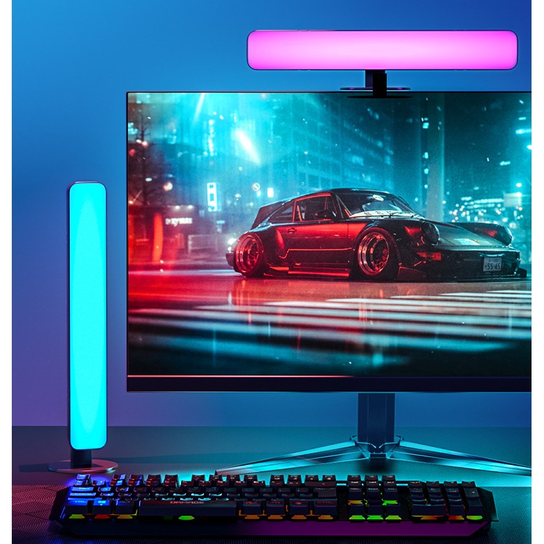 Set 2 Lampi de Birou, RGB Colorat, 28 LED, Putere 5V, Telecomanda cu 24 de Taste, Cablu USB, Negru, 25.5x4x3.5cm