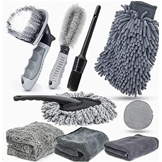 Set 9 Piese pentru Spalat Auto, din Plastic si Microfibra, Perii si Lavete, Model B, Gri