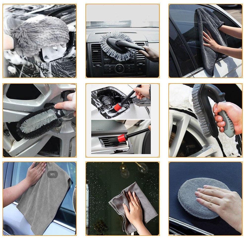 Set 9 Piese pentru Spalat Auto, din Plastic si Microfibra, Perii si Lavete, Model B, Gri