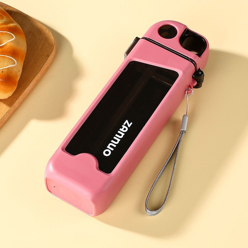 Sticla de Apa pentru Sport, 350 ml, cu Pai si Capac, 23x7x4.4 cm, Buton de Blocare, din PC, Roz