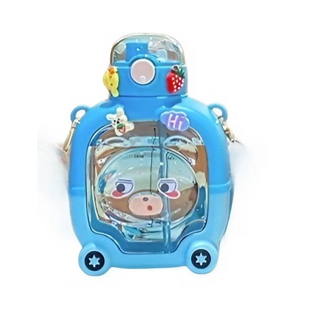 Sticla cu pai pentru copii, model ursulet, gradata, stickere aplicate, curea reglabila, din plastic rezistent la cadere, 1l, Albastru, 20 x 13 cm