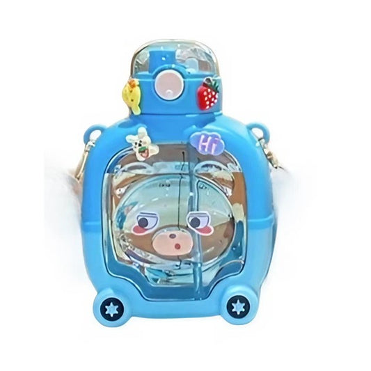 Sticla cu pai pentru copii, model ursulet, gradata, stickere aplicate, curea reglabila, din plastic rezistent la cadere, 1l, Albastru, 20 x 13 cm